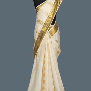 Cotton Kerala Set Saree - Cream with Designer Buttas & Bordered Blouse